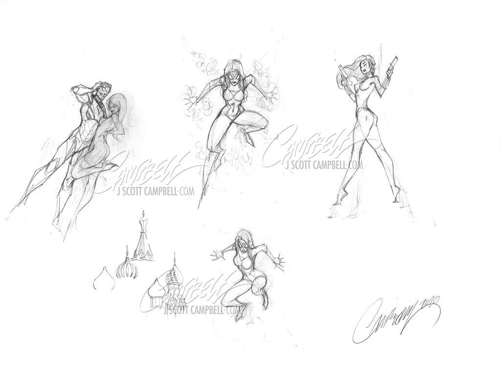 Original Art: Black Widow #1, Black Cat #12 & Spider-Woman #1 Prelims